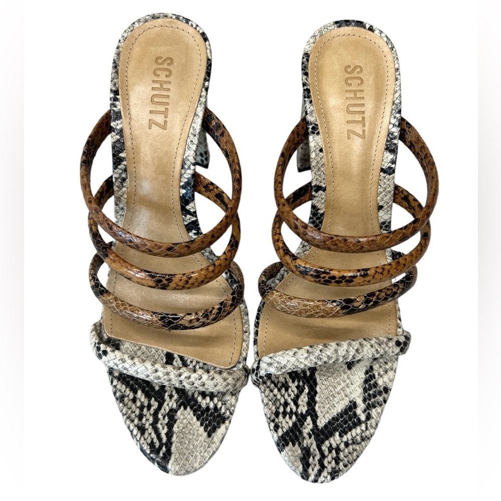 SCHUTZ Snake Print & Brown Strappy Heeled Sandals